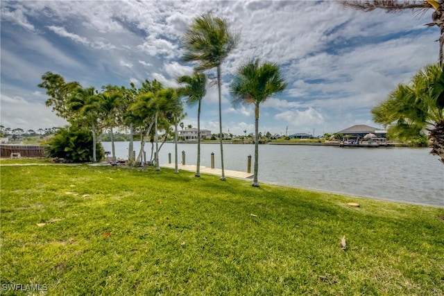 view of yard with a water view and a boat dock