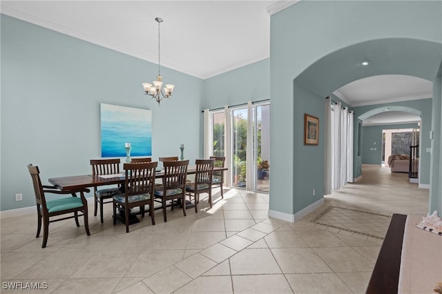 tiled dining space with ornamental molding and an inviting chandelier