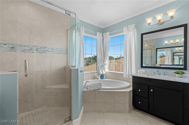 bathroom featuring tile patterned flooring, crown molding, shower with separate bathtub, and vanity