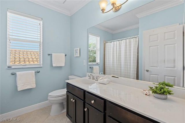 bathroom with ornamental molding, toilet, tile patterned flooring, and vanity