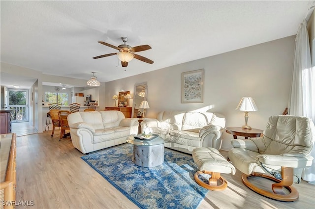 living room with a textured ceiling, light wood-type flooring, and ceiling fan