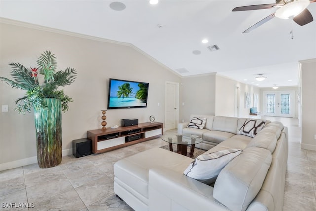 living room with crown molding, french doors, ceiling fan, and lofted ceiling