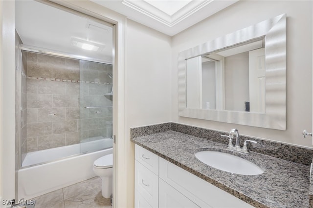 full bathroom with vanity, toilet, crown molding, and enclosed tub / shower combo