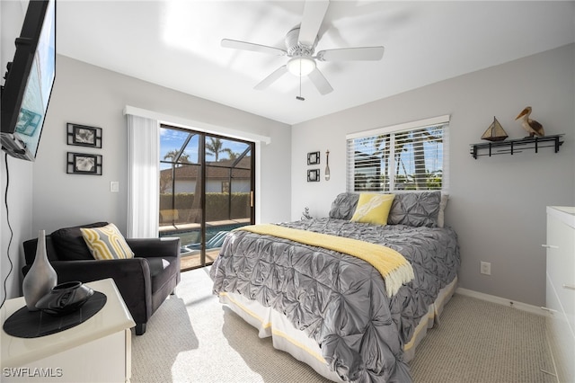 bedroom with access to outside, light colored carpet, and ceiling fan