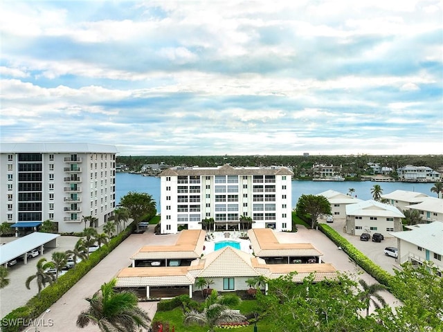 drone / aerial view with a water view