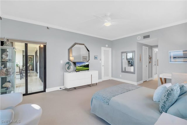 carpeted bedroom featuring crown molding and ceiling fan