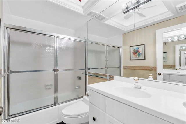 full bathroom with vanity, ceiling fan, shower / bath combination with glass door, and toilet