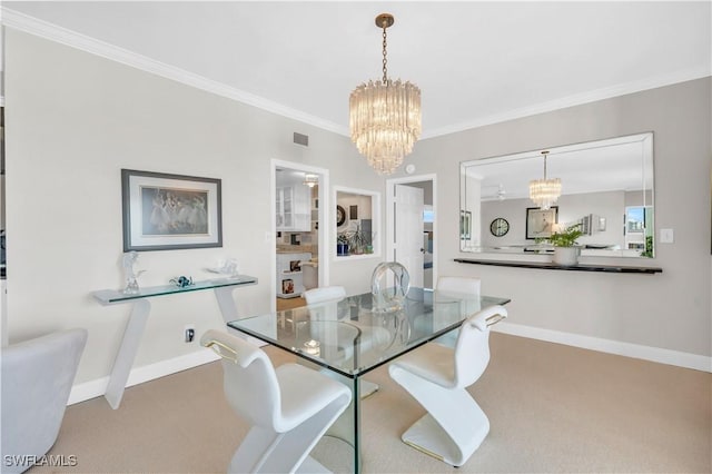 carpeted dining area with crown molding and a chandelier