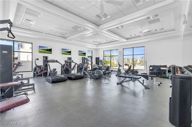 workout area with ceiling fan and a drop ceiling