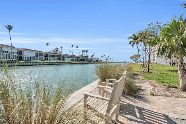 exterior space with a water view