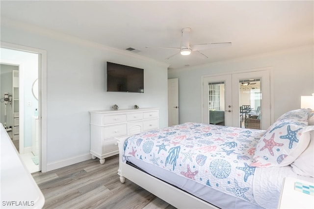 bedroom with access to outside, french doors, light hardwood / wood-style flooring, ceiling fan, and ornamental molding