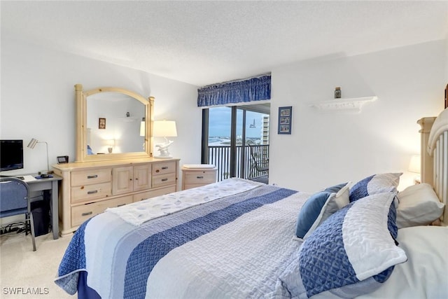 bedroom featuring a textured ceiling, access to exterior, and light colored carpet