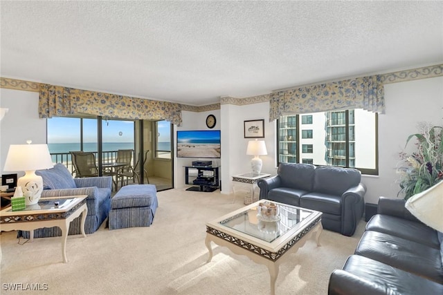 living room featuring light colored carpet and a textured ceiling