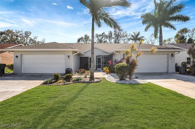 ranch-style house featuring a front yard and a garage