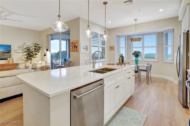 kitchen with appliances with stainless steel finishes, decorative light fixtures, sink, white cabinets, and a center island with sink