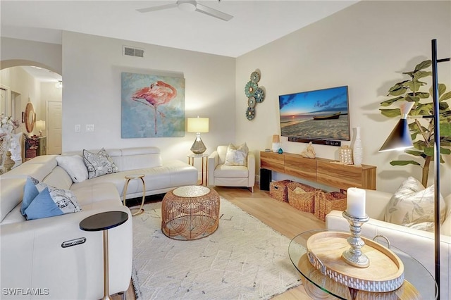 living room featuring ceiling fan and light wood-type flooring