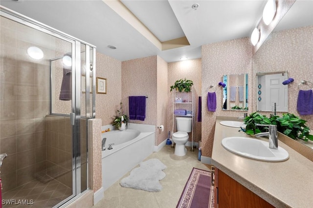 full bathroom with tile patterned flooring, vanity, independent shower and bath, and toilet