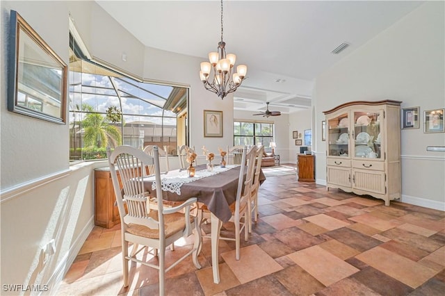 dining area featuring ceiling fan with notable chandelier, coffered ceiling, and beamed ceiling