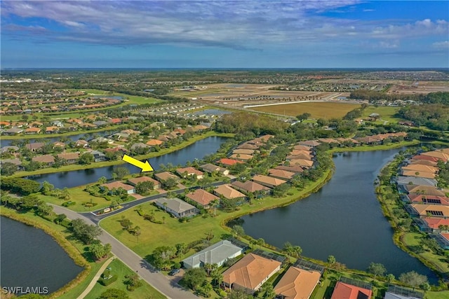 aerial view featuring a water view