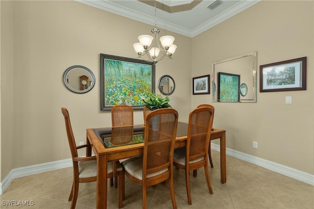 tiled dining space featuring crown molding and a chandelier