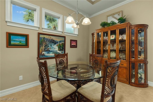 tiled dining space featuring a chandelier and crown molding