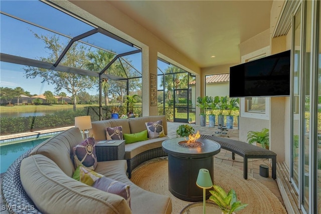 sunroom / solarium with a swimming pool and a water view