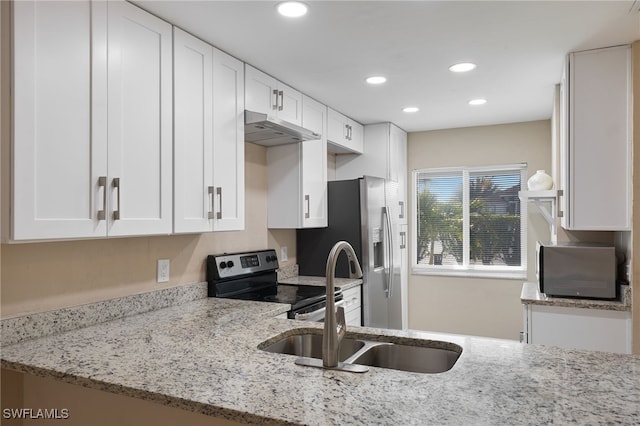 kitchen featuring white cabinetry, sink, light stone countertops, kitchen peninsula, and appliances with stainless steel finishes