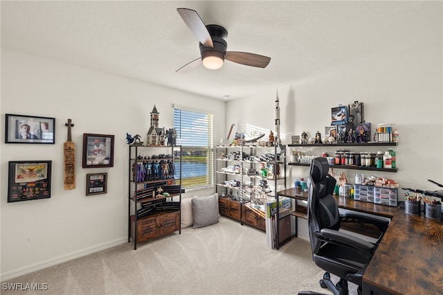 office with ceiling fan and light colored carpet