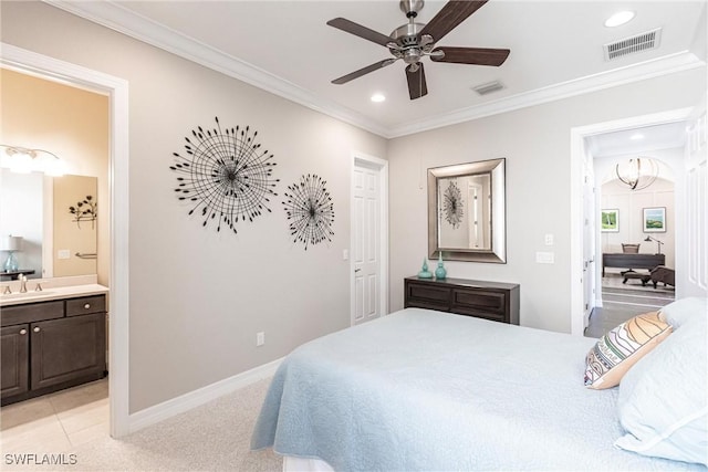 bedroom with ensuite bathroom, ceiling fan, ornamental molding, and sink