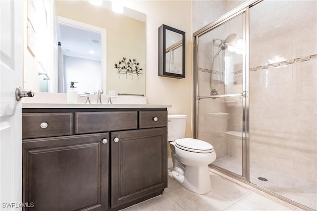 bathroom with tile patterned flooring, vanity, toilet, and an enclosed shower