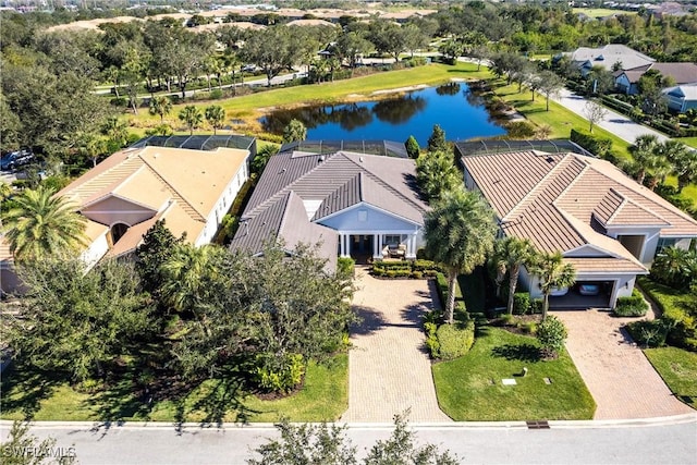 birds eye view of property featuring a water view