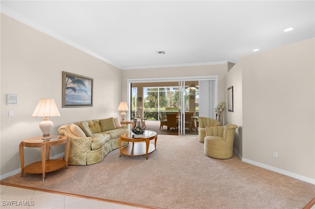 living room with light tile patterned floors and ornamental molding