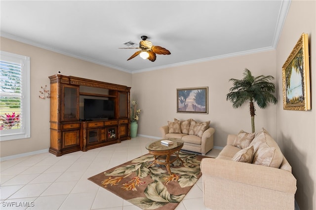 tiled living room with crown molding and ceiling fan