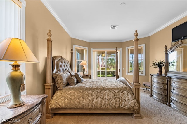 carpeted bedroom featuring access to outside and crown molding