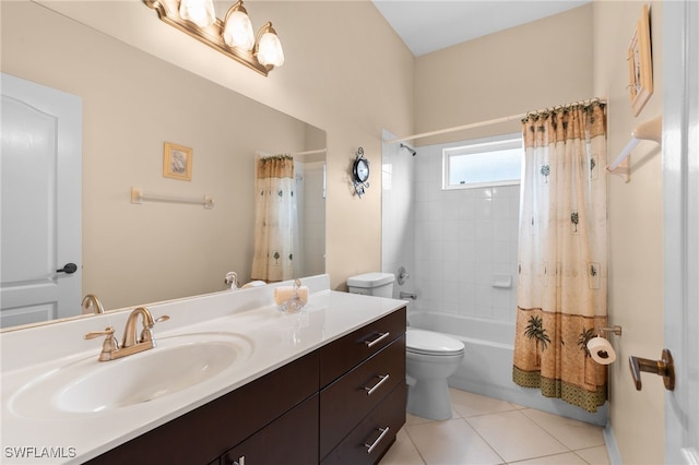 full bathroom with tile patterned flooring, vanity, toilet, and shower / bath combo with shower curtain