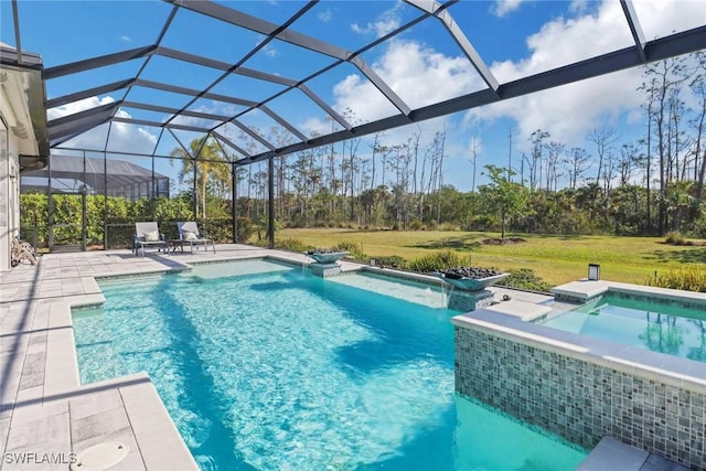 view of swimming pool featuring a pool with connected hot tub, glass enclosure, a patio, and a lawn