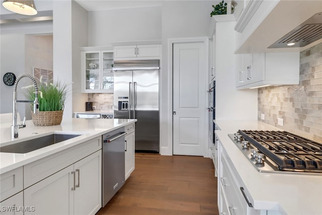 kitchen featuring stainless steel appliances, light countertops, glass insert cabinets, a sink, and premium range hood