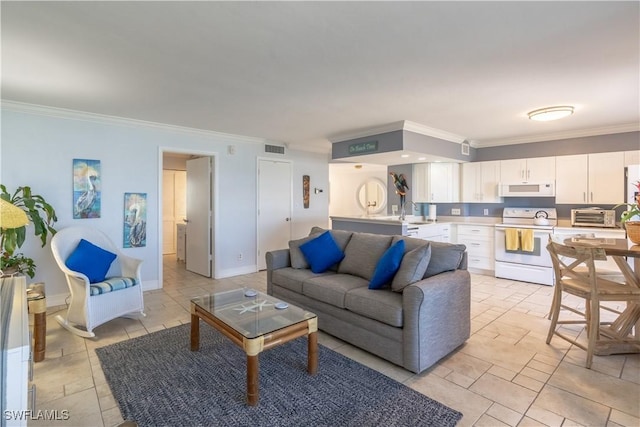 living room with sink and crown molding