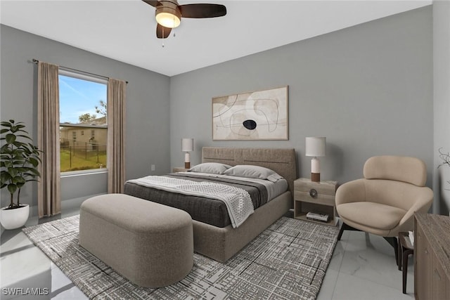 bedroom with a ceiling fan and marble finish floor