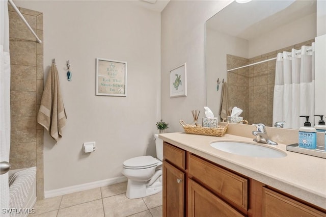 full bathroom with toilet, tile patterned flooring, shower / bath combo, and vanity