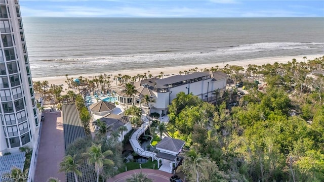 aerial view featuring a water view and a view of the beach