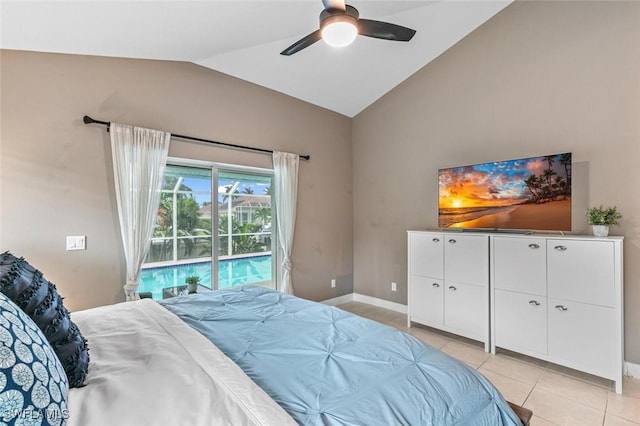 tiled bedroom featuring access to exterior, ceiling fan, and lofted ceiling