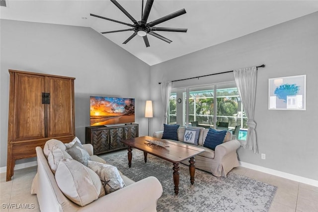 living room featuring ceiling fan, light tile patterned floors, and high vaulted ceiling