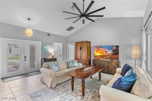 living room featuring light tile patterned floors, french doors, high vaulted ceiling, and ceiling fan