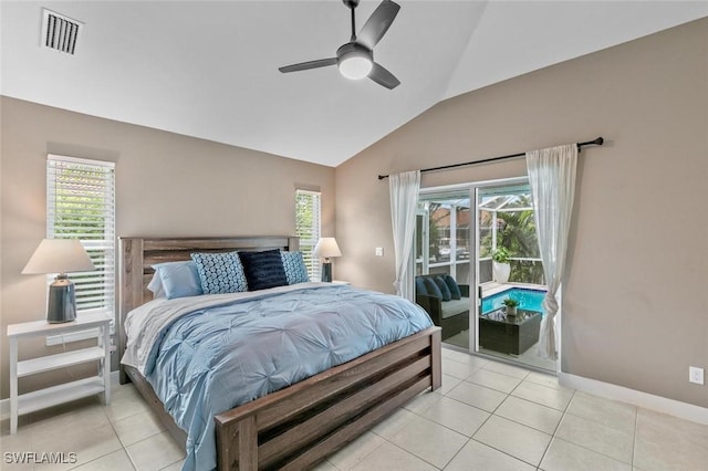 bedroom featuring ceiling fan, light tile patterned floors, access to outside, and lofted ceiling