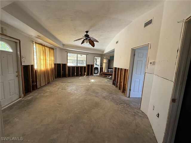 kitchen with ceiling fan, sink, white electric range oven, blue cabinets, and lofted ceiling