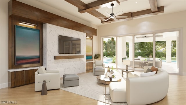 living room featuring beamed ceiling, a healthy amount of sunlight, coffered ceiling, and light hardwood / wood-style floors