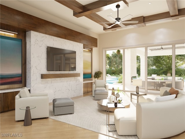 799 Cassena Rd, Naples, FL 34108 - living area with a ceiling fan, coffered ceiling, plenty of natural light, wood finished floors, and beamed ceiling