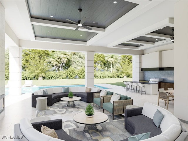 799 Cassena Rd, Naples, FL 34108 - view of patio with an outdoor living space, a ceiling fan, an outdoor pool, an outdoor kitchen, and area for grilling
