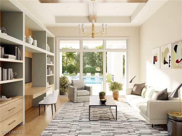 799 Cassena Rd, Naples, FL 34108 - living area featuring coffered ceiling, light wood finished floors, a chandelier, and beam ceiling